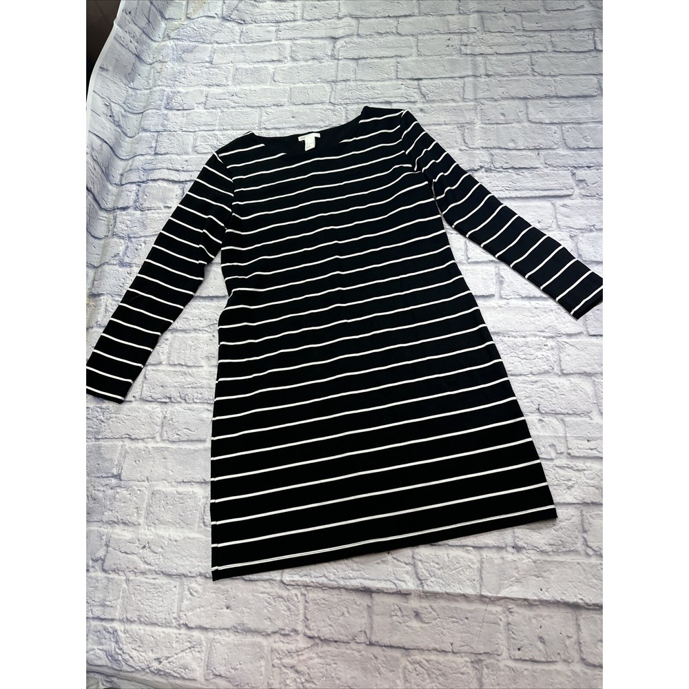 HM Basic Women Black White Striped Long Sleeve Boat Neck T-Shirt‎ Dress Large